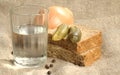 Glass of vodka, bread and pickled cucumber Royalty Free Stock Photo