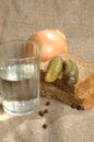 Glass of vodka, bread and pickled cucumber Royalty Free Stock Photo