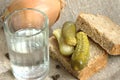 Glass of vodka, bread and pickled cucumber Royalty Free Stock Photo