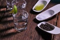 Glass of vodka shot with fresh lime Royalty Free Stock Photo