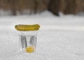 Glass of vodka and a snack in the snow. Royalty Free Stock Photo