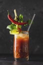 Glass of vodka and tomato juice drink with celery, spices, salt and ice in portion glasses. Bloody Mary cocktail with many Royalty Free Stock Photo