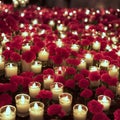 Glass votive candles surrounded by red roses.AI generated