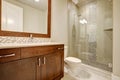 Glass walk-in shower in a bathroom of brand-new home Royalty Free Stock Photo