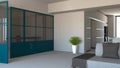 Glass wall in blue, iron and glass, living room, living space and kitchen. Modern interior design