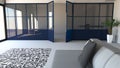 Glass wall in blue, iron and glass, living room, living space and kitchen. Modern interior design