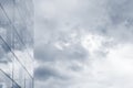 Glass wall fragment of modern building against cloudy sky. Light blue toned image. Business background with copy space for text Royalty Free Stock Photo