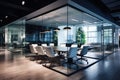 A glass-walled meeting room filled with natural light, equipped with a table and chairs for productive discussions, Modern Royalty Free Stock Photo