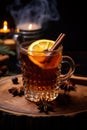 Glass of wassail or christmas winter punch with spices and citrus with lights on background