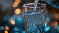 A glass of water being poured into a cup with bubbles, AI