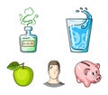 A glass of water, a bottle of alcohol, a sweating man, an apple. Diabeth set collection icons in cartoon style vector Royalty Free Stock Photo