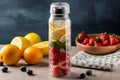 glass water bottle, filled with refreshing fruit-infused water for easy and healthy hydration