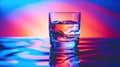 A glass of water with a colorful background in the reflection, AI Royalty Free Stock Photo