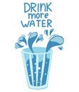 Glass of water. Drink more water. Healthy lifestyle daily habits, wellness, morning rituals. Stay hydrated. Flat hand drawn