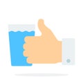 Glass of water with finger up gesture vector flat material design isolated object on white background.