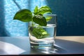 Glass of water with fresh basil on blue background. Diet drink.