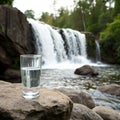 Glass of Water in Front of Waterfall Isolated on White Royalty Free Stock Photo