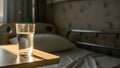 Glass of water on hospital bedside table with empty bed in background Royalty Free Stock Photo