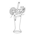 Glass of water with ice, cocktail, straw for drinking drawing. exotic fruits. lineart vector illustration Royalty Free Stock Photo