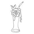 Glass of water with ice, cocktail, straw for drinking drawing. exotic fruits. lineart vector illustration Royalty Free Stock Photo