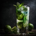 Glass of water with ice mint and lime on the table