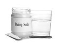 Glass of water, jar with baking soda and spoon Royalty Free Stock Photo