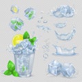 Glass With Water, Lemon Slice, Green Mint And Ice