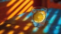 Glass of Water with Lemon Slice in Warm Artistic Sunlight and Shadow Patterns on Wooden Table Royalty Free Stock Photo