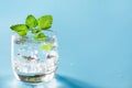 Glass of water with mint on pastel blue. One shot for time. Close up. Water balance for healthy.