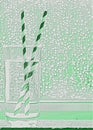 Glass of water with paper striped straws green with mottled raindrop on window background