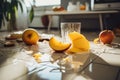 Glass of water with pieces of mango and apple on floor in kitchen. Accident in daily life concept