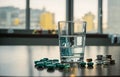 Glass of water with pills, medical therapeutic, pills and tablets. Healthcare concept.