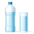 Glass of water and plastic bottle. Hydration, bottles for pure liquid and bottled mineral water drink cartoon vector Royalty Free Stock Photo