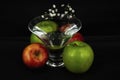 Art photo glass of water red and green apples moss different color white flowers on a black background Royalty Free Stock Photo