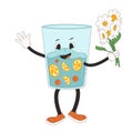 Glass of water retro cartoon mascot. Soft drink rubber hose animation style groovy character with flower bouquet in his hand. Royalty Free Stock Photo