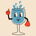 Glass of water 30s cartoon mascot character 40s, 50s, 60s old animation style.