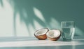 A glass of water sits on a table next to two halves of a coconut Royalty Free Stock Photo