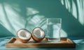 A glass of water sits on a tray with two halves of a coconut Royalty Free Stock Photo