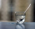 Glass with water and a spoon on a blurred background