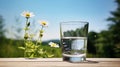 Glass of water on table in front of green landscape. Fresh mineral healthy drinking water. Transparent aqua summer sky