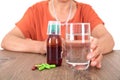 A glass of water and various medicines in front of the old Chinese lady