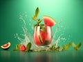 Glass of watermelon cocktail with crushed ice and mint leaf on trendy background, copy space, creative banner with water splash. Royalty Free Stock Photo