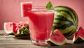 A glass of watermelon juice with a slice of watermelon on top Royalty Free Stock Photo