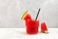Glass of Watermelon Melon smoothie. Jus semangka, Cocktail with fresh watermelon pulp. Seasonal refreshing drink Royalty Free Stock Photo