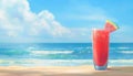 Glass of watermelon smoothie on the beach with sea and sky background Royalty Free Stock Photo