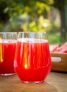 Glass of watermelon smoothie on wooden table in garden. Outdoor cocktail in the summer