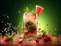 Glass of watermelon strawberry cocktail with ice and mint on green background, copy space, creative banner with water splash. Iced Royalty Free Stock Photo