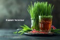 Glass of wheatgrass juice with fresh grass and flowers on dark background, Happy Nowruz