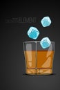 Glass of whiskey on abstract black background with flying ice cubes. Strict artsy style. Colored cartoon vector illustration. Temp