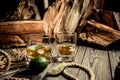a glass of whiskey, brandy, rum on the bar, a lot of alcohol lime Royalty Free Stock Photo